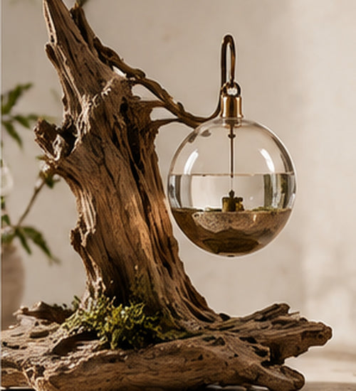 Glaines Forest Whisper suspended glass aroma orb on sculptural wood